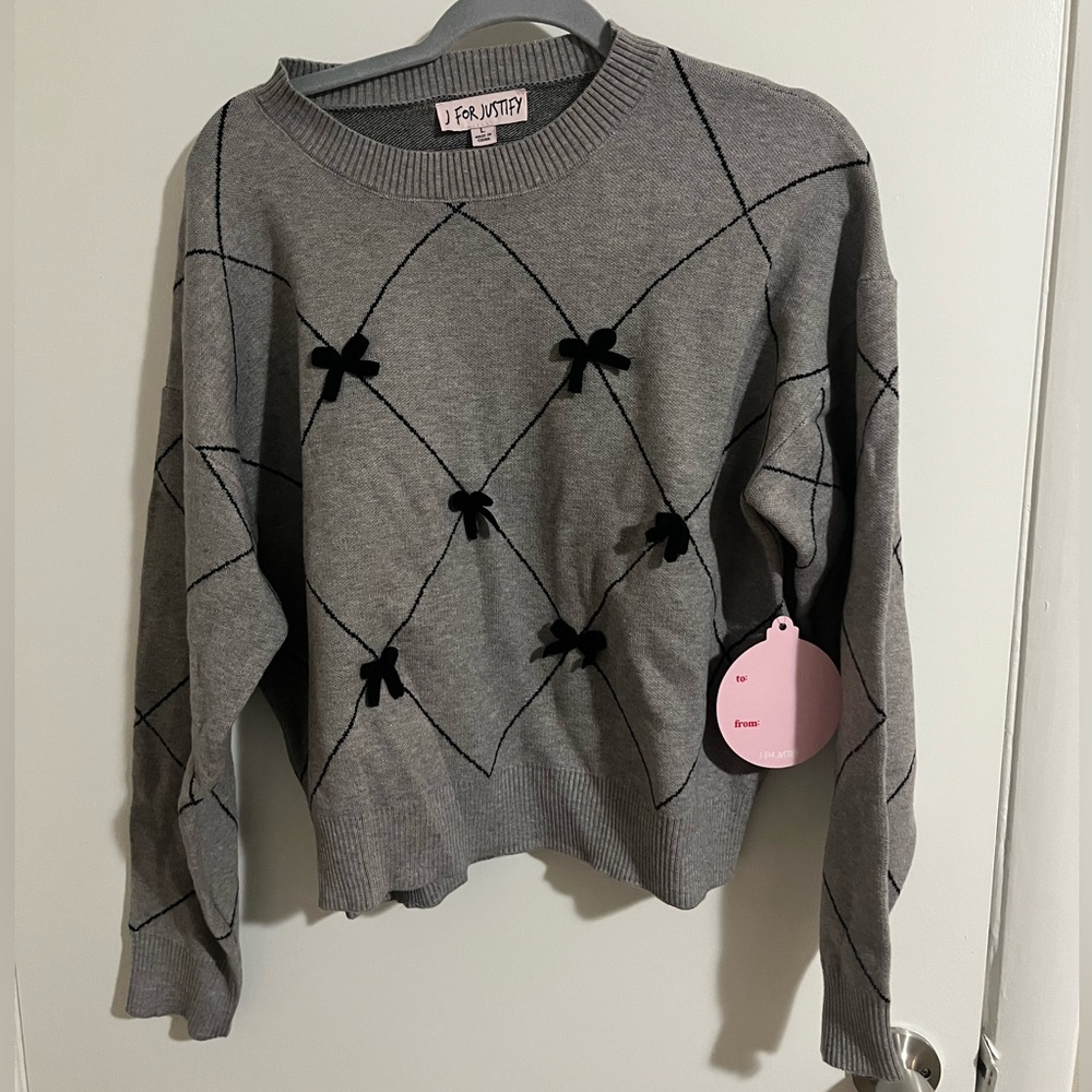 J for Justify Gray Knit Sweater with Black Bows size L - 1x